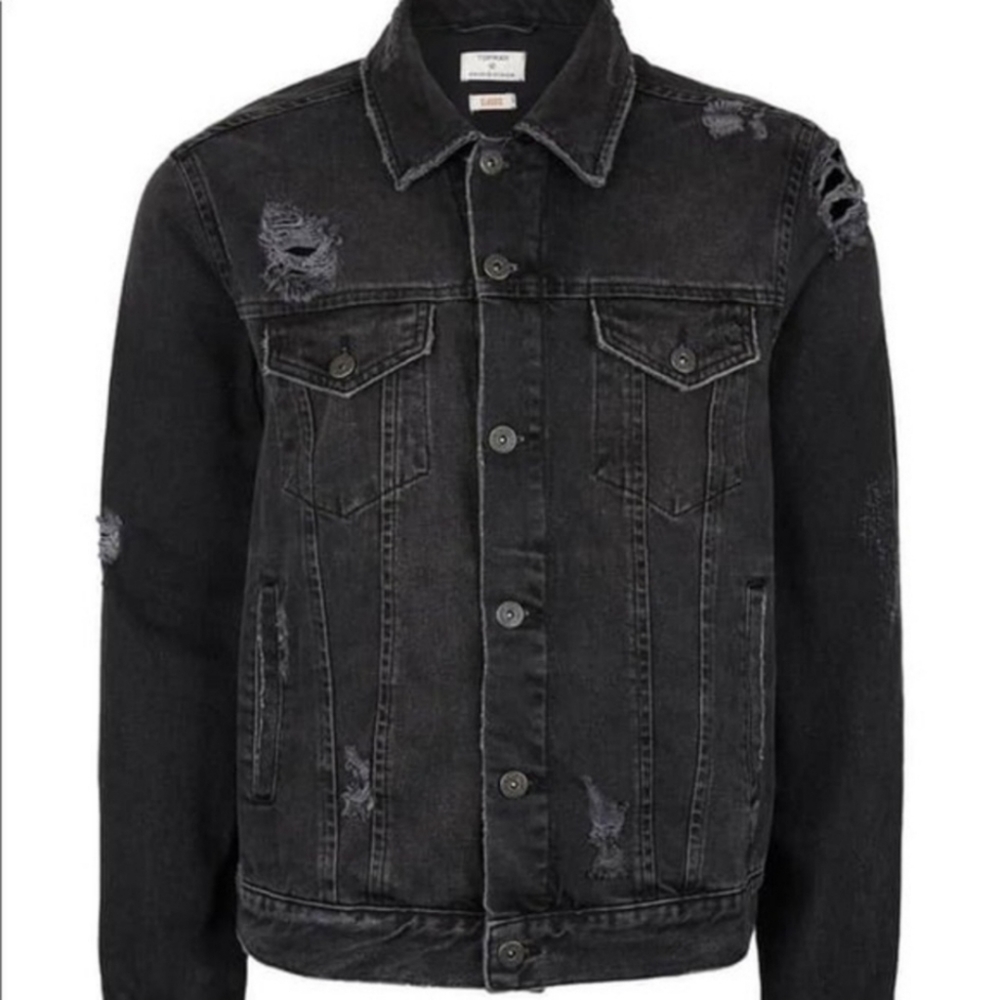 Topman distressed denim jacket black